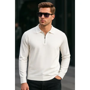 Erkek Yarım Fermuarlı Basic Kışlık Beyaz Sweatshirt