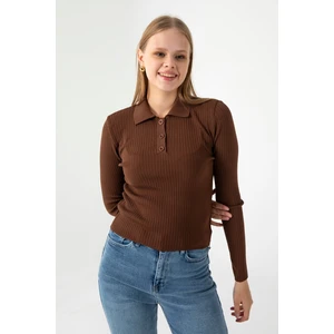 Kadın Polo Yaka Düğme Detaylı Fitilli Triko Body Kahverengi - 25K 2057