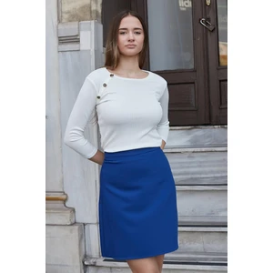 Yüksek Bel Hafif Likralı Kumaş Diz Boy Çan Etek-Indigo