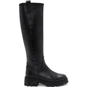 Kadın Siyah Fermuarlı Kalın Tabanlı Deri Çizme 25WFD201218