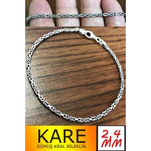 Takı Dükkanı 925 Ayar Gümüş Erkek Bileklik Kare Kral Model 2.4mm Genişlik 20cm Uzunluk msb02
