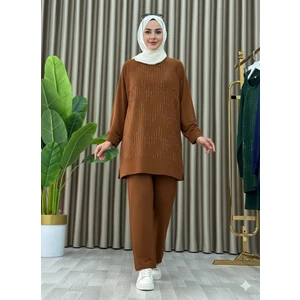 Taş Baskı Desenli Tunik Pantolon Ikili Takım