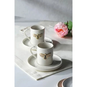 2 Kişilik Beyaz Porselen Arı Kahve Fincan Takımı Sunum Fincanı