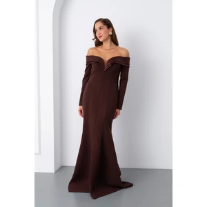 Kadın Kahverengi Kayık Yaka Uzun Balık Abiye Elbise