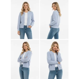 Basic Fermuarlı Kadın Hırka Mavi Crop Fit Kalıp