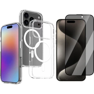 Apple iPhone 17 Pro Kılıf M-Safe Şarj Özellikli Şeffaf Sert Pc Zore Embos Kapak + Privacy Hayalet Ekran Koruyucu