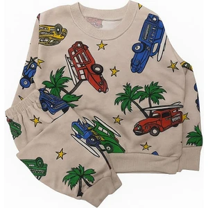 Erkek Çocuk Pamuklu Bej Rengi Araba Palmiye Desenli Uzun Kollu Mevsimlik Pijama Takımı