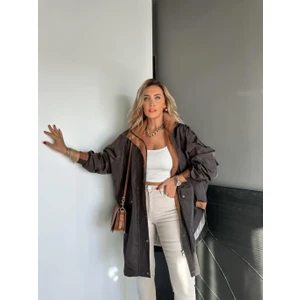 Robin Kadın Kapüşonlu Yanları Yırtmaçlı Reglan Kol Oversize Trençkot