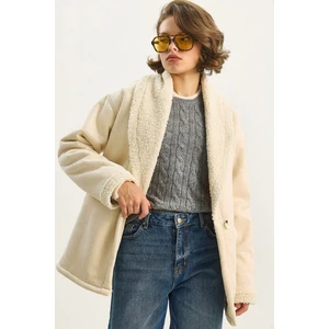 Kadın Içi Kürklü Cep Detaylı Şal Yaka Süet Kaban