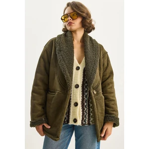 Kadın Içi Kürklü Cep Detaylı Şal Yaka Süet Kaban