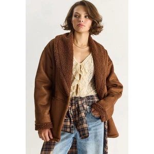 Kadın Içi Kürklü Cep Detaylı Şal Yaka Süet Kaban