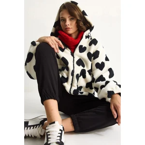 Kadın Kalpli Kapüşonlu Oversize Peluş Mont Rı