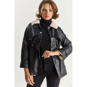 Kadın Gömlek Yaka Içi Kürk Belden Büzgü Ayarlamalı Cep Detaylı Suni Deri Mont