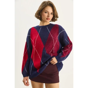 Kadın Baklava Desenli Oversize Triko Kazak