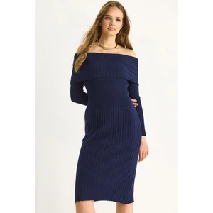 Kadın Fitilli Madonna Yaka Triko Elbise