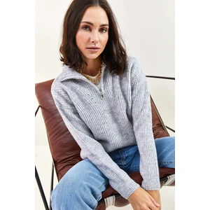 Kadın Fermuarlı Balıkçı Yaka Oversize Triko Kazak