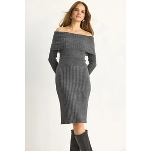 Kadın Fitilli Madonna Yaka Triko Elbise