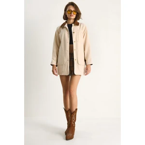 Kadın Süet Kontrast Yaka Cep Detaylı Garnili Gabardin Ceket