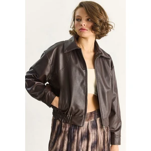 Kadın Oversize Belli Lastikli Suni Deri Bomber Ceket