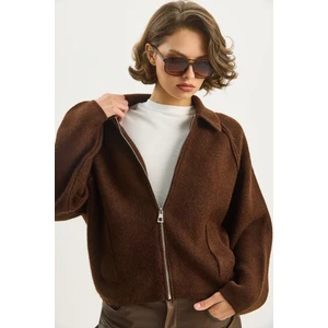 Kadın Önden Fermuarlı Polo Yaka Relaxed Triko Ceket Hırka