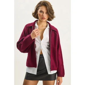 Kadın Önden Fermuarlı Polo Yaka Relaxed Triko Ceket Hırka