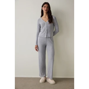 Açık Gri Melanj Dahlia V Yaka Uzun Kol Termal Etkisi Pijama Takımı