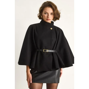 Kadın Gold Düğme Detaylı Kemerli Panço