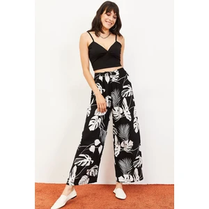 Kadın Büyük Çiçek Desen Beli Lastikli Kuşaklı Bol Paça Pantolon Hardal
