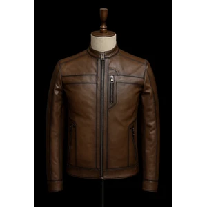 Hakiki Deri Kahverengi Erkek Fermuarlı Klasik Ceket
