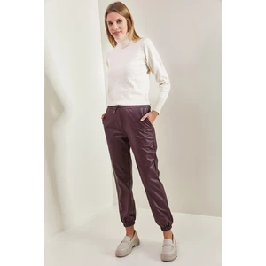 Kadın Bel ve Paça Lastikli Deri Pantolon