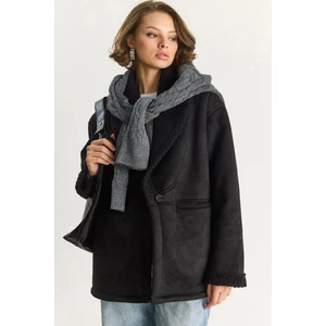 Kadın Içi Kürklü Cep Detaylı Şal Yaka Süet Kaban