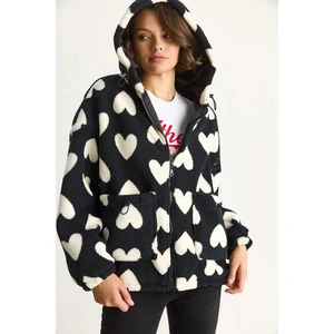 Kadın Kalpli Kapüşonlu Oversize Peluş Mont Rı