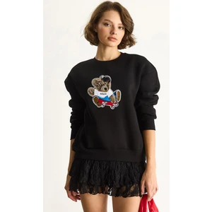 Kadın Teddy Nakış Işlemeli Bisiklet Yaka Salaş Sweatshirt