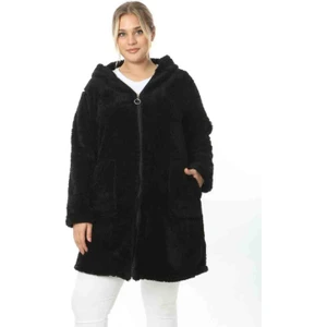 Kadın Büyük Beden Siyah Fermuarlı Cepli Peluş Polar Ceket
