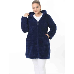 Kadın Büyük Beden Lacivert Fermuarlı Cepli Uzun Peluş Polar Hırka