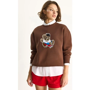 Kadın Teddy Nakış Işlemeli Bisiklet Yaka Salaş Sweatshirt