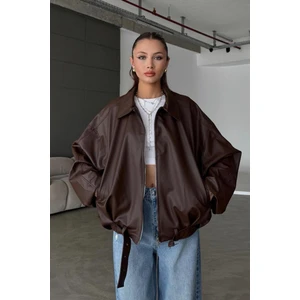 Kadın Oversize Deri Ceket– Oversize Relax Fit, Fermuarlı Kemer Detaylı Günlük Kadın Ceket