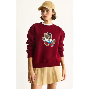 Kadın Teddy Nakış Işlemeli Bisiklet Yaka Salaş Sweatshirt