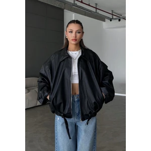 Kadın Oversize Deri Ceket– Oversize Relax Fit, Fermuarlı Kemer Detaylı Günlük Kadın Ceket