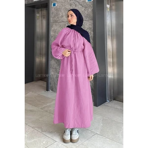 Balon Kol Bağlamalı Tesettür Elbise Pembe
