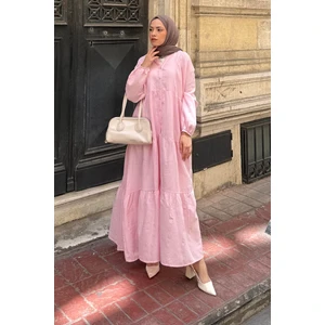 Ön Yarım Düğme Detaylı Müslin Kumaş Tesettür Elbise Pembe