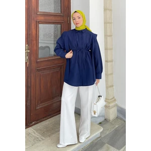 Bel Bağlamalı Omuz Vatkalı Gömlek Lacivert