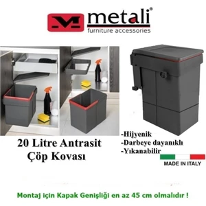 Almital Mobilya METALİ Kapağa Monte Çöp Kutusu Antrasit 20 Litre