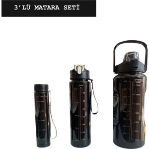 Siyah, 3’lü Set - Sticker’lı Pipetli Matara Seti - 2000ML,900ML,300ML