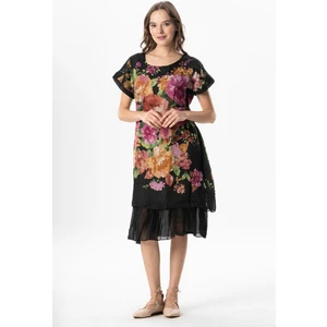 Kısa Kol Vual Defne Midi Boy Yazlık Otantik Elbise Bordo Siyah Pötikare 6190