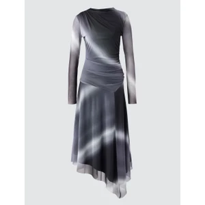 Jimmy Key Grı Yuvarlak Yaka Uzun Kollu Desenli Mesh Midi Elbise