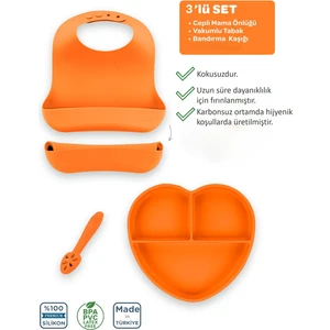 Silikon Beslenme Seti 3'lü Sunset Turuncu / Mama Tabağı, Mama Önlüğü, Bandırma Kaşığı