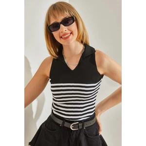 Kadın V Yaka Çizgili Triko Bluz