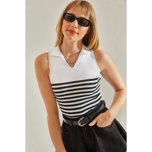 Kadın V Yaka Çizgili Triko Bluz