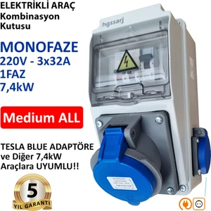 Elektrikli Araç Kombinasyon Kutusu, Tesla Blue Adaptöre Uyumlu, ''medium All'' 3X32A + 1X16A, V i k o/P a n a s o n i c